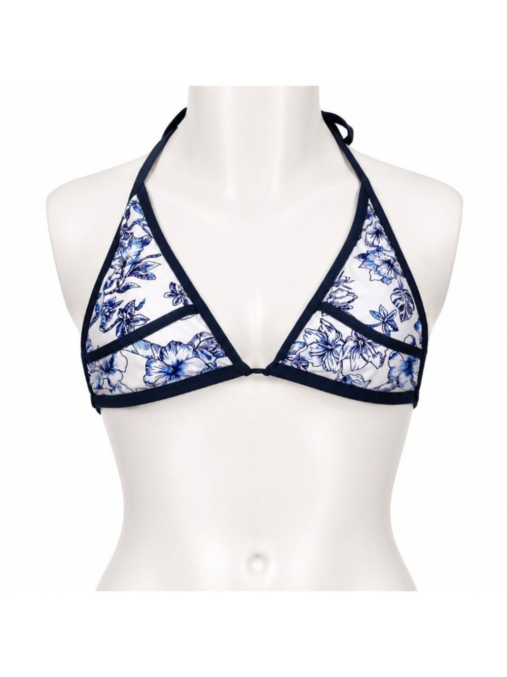 Floral Print Navy & White Bikini Halter Top Adjustable Back Tie Swimwear Womens